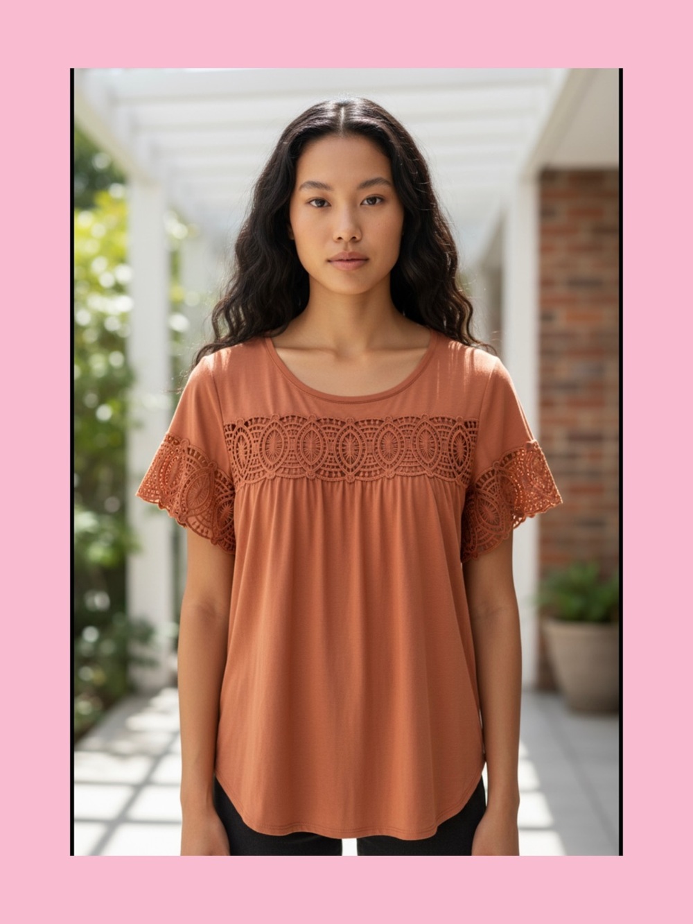 LOFT Lace-Trim Short Sleeve Tunic in Terracotta